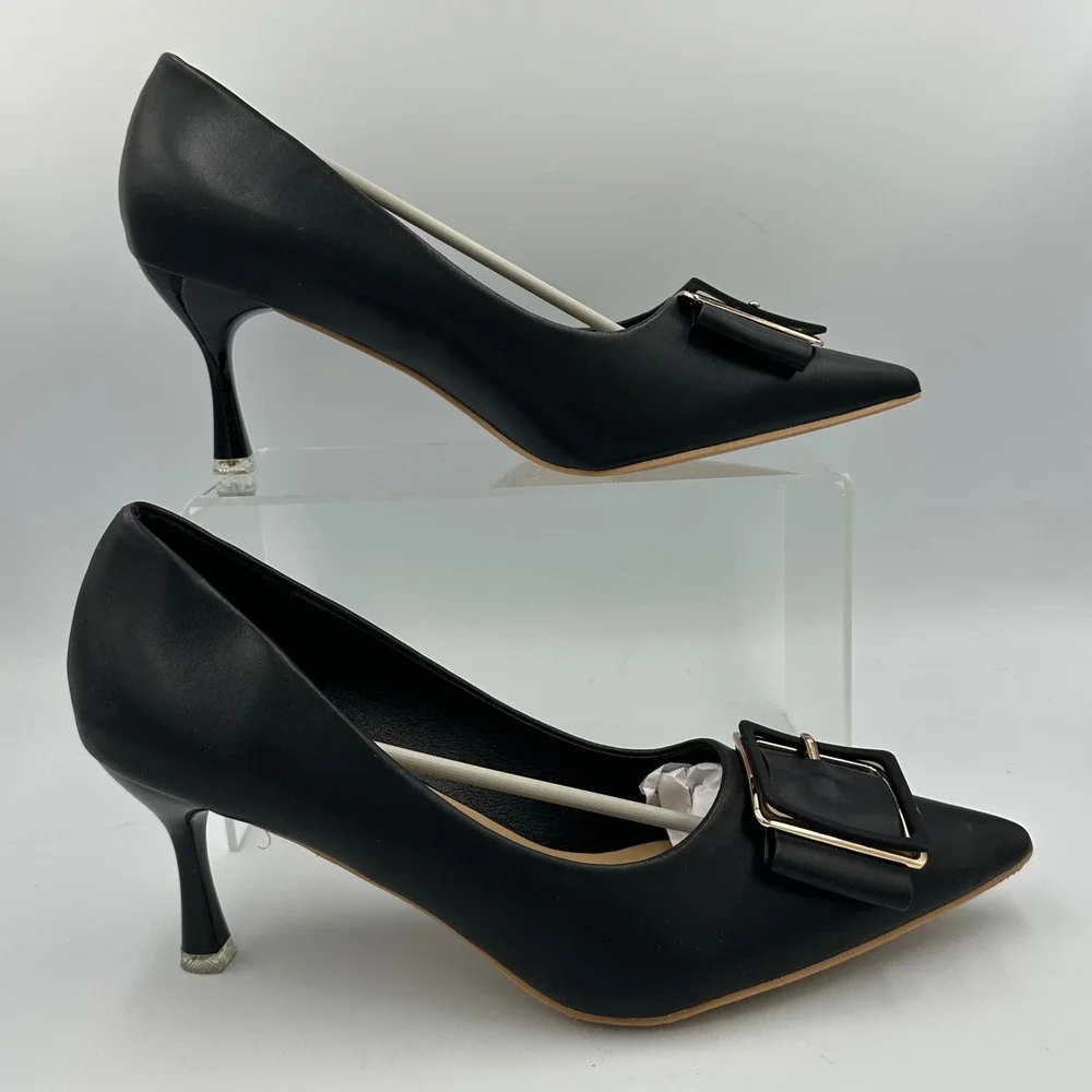 C.Paravano Pointed Toe Pumps Women 42 / 11.5 Black NIB Buckle Pump Heel‎ Chic